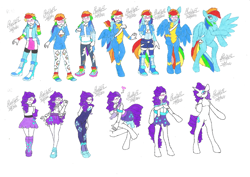 Size: 2338x1654 | Tagged: safe, artist:bluelilytz, derpibooru import, rainbow dash, rarity, anthro, human, pegasus, unguligrade anthro, unicorn, arm hooves, blushing, blushing profusely, bodysuit, clothes, cosplay, costume, crossdressing, cutie mark, cutie mark on clothes, equestria girls outfit, female, human to anthro, ponysuit, skirt, species swap, story included, traditional art, transformation, transformation sequence, uniform, unitard, wonderbolts uniform