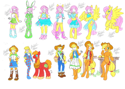 Size: 2338x1654 | Tagged: safe, artist:bluelilytz, derpibooru import, applejack, big macintosh, fluttershy, anthro, earth pony, human, original species, pegasus, unguligrade anthro, applejack's hat, arm hooves, blushing, blushing profusely, bodysuit, clothes, cosplay, costume, cowboy hat, crossdressing, cutie mark, cutie mark on clothes, dress, equestria girls outfit, female, hat, human to anthro, pajamas, plush pony, plushie, ponysuit, species swap, story included, traditional art, transformation, transformation sequence