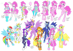Size: 2338x1654 | Tagged: safe, artist:bluelilytz, derpibooru import, applejack, fluttershy, pinkie pie, princess celestia, princess luna, princess twilight 2.0, rainbow dash, rarity, twilight sparkle, twilight sparkle (alicorn), alicorn, anthro, earth pony, human, pony, unguligrade anthro, the last problem, arm hooves, blushing, bodysuit, clothes, cosplay, costume, crown, cutie mark, cutie mark on clothes, equestria girls outfit, female, hoof shoes, human to anthro, jewelry, mane six, older, older twilight, peytral, ponysuit, regalia, smiling, species swap, story included, traditional art, transformation, transformation sequence