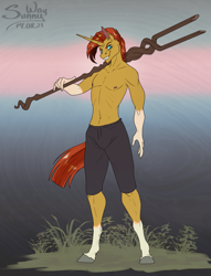 Size: 917x1200 | Tagged: safe, artist:sunny way, derpibooru import, sunburst, anthro, unguligrade anthro, unicorn, alternate universe, belly button, chin fluff, clothes, coat markings, digital art, evil, evil grin, evil sunburst, grass, grin, horn, looking at you, male, male nipples, muscles, nipples, nudity, partial nudity, patreon, patreon reward, role reversal, smiling, socks (coat marking), solo, staff, staff of sameness, topless