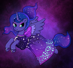 Size: 1873x1732 | Tagged: safe, artist:immunefox, derpibooru import, princess luna, alicorn, pony, aquamarine eyes, bow, clothes, couture, digital art, dress, fanart, fashion, female, floating, flying, looking away, mare, moon, procreate app, purple background, see-through, shoes, simple background, solo, space, stars