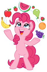 Size: 1341x2048 | Tagged: artist needed, source needed, safe, derpibooru import, pinkie pie, earth pony, pony, apple, banana, bipedal, cute, diapinkes, female, food, grapes, juggling, mare, orange, pear, simple background, solo, stock vector, strawberry, transparent background, watermelon