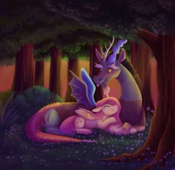 Size: 897x877 | Tagged: safe, artist:angeryduckling, derpibooru import, discord, fluttershy, draconequus, pegasus, pony, beard, blush sticker, blushing, cuddling, discoshy, eyes closed, facial hair, fangs, female, flower, forest, lying down, male, mare, noon, outdoors, prone, shipping, straight, traditional art, tree