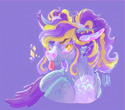 Size: 2064x1815 | Tagged: safe, artist:pegasus004, derpibooru import, oc, oc:harvest, pegasus, pony, 3/4 view, ear piercing, earring, fluffy, jewelry, ombre hair, one eye closed, piercing, pigtails, small wings, solo, tongue, tongue out, twintails, wings, wink