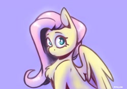 Size: 2048x1423 | Tagged: safe, artist:lrusu, derpibooru import, fluttershy, pegasus, pony, chest fluff, colored, female, looking at you, mare, partially open wings, pegasus wings, purple background, shading, simple background, solo, wings