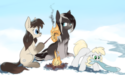 Size: 2996x1798 | Tagged: safe, artist:rocket-lawnchair, oc, oc only, oc:frosty flakes, oc:pine ponder, oc:whittlehoof, fish, pony, /mlp/, campfire, chest fluff, coat markings, cooking, eating, female, females only, filly, fire, fluffy, food, hoof hold, judging, lidded eyes, looking at someone, looking at something, mare, meat, mouth hold, on fire, pale belly, ponies eating fish, ponies eating meat, ponies eating seafood, snow, snow mare, snowpony (species), socks (coat marking), solo, taiga pony, trio, yakutian horse