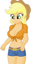 Size: 1300x2552 | Tagged: safe, derpibooru import, edit, editor:ah96, applejack, equestria girls, applerack, belly button, breast edit, breasts, cleavage, clothes, female, front knot midriff, midriff, ms paint, shading, shirt, simple background, smiling, transparent background