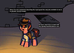 Size: 1129x818 | Tagged: safe, artist:neuro, oc, oc only, earth pony, pony, dialogue, explorer outfit, female, hat, looking at you, mare, open mouth, smiling, solo, tomb