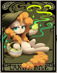 Size: 1200x1528 | Tagged: safe, artist:dawnfire, pear butter, earth pony, pony, basket, cloak, clothes, female, food, lidded eyes, looking at you, mare, pear, smiling, solo, tarot card, text, watermark