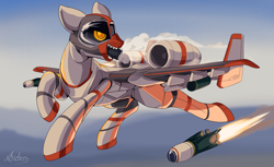 Size: 3600x2200 | Tagged: safe, artist:andromailus, oc, oc only, original species, plane pony, pony, a-10 thunderbolt ii, female, flying, gau-8, missile, open mouth, plane, rocket pods, sharp teeth, signature, solo, teeth