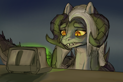 Size: 1500x1000 | Tagged: safe, artist:andromailus, oc, oc only, pony, computer, deathclaw pony, fallout, head on hoof, solo