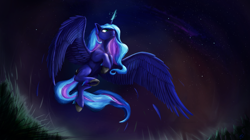 Size: 6000x3371 | Tagged: safe, artist:tenebrisnoctus, derpibooru import, princess luna, alicorn, pony, absurd resolution, feather, female, fetlock tuft, flying, glowing horn, grass, horn, mare, night, solo, stars, wings