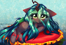 Size: 4950x3400 | Tagged: safe, artist:krissstudios, derpibooru import, queen chrysalis, changeling, absurd resolution, cushion, cute, cutealis, female, lying down, prone, solo