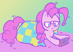 Size: 700x500 | Tagged: safe, artist:duckchip, derpibooru import, pinkie pie, earth pony, pony, my little pony: pony life, sick day, blanket, coronavirus, covid-19, female, game, gaming, lazy, mare, nintendo, nintendo switch, sick, sleepy, solo, tired, tired pie