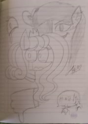 Size: 2012x2808 | Tagged: safe, artist:guruyunus17, derpibooru import, oc, oc:princess blossom, earth pony, pony, series:the return of annisa, bad future, crying, duo, evil grin, female, grin, mare, photo, smiling, traditional art