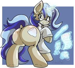 Size: 1087x981 | Tagged: safe, artist:malachimoet, derpibooru import, mayor mare, minuette, oc, oc:dental authority, earth pony, pony, unicorn, butt, clothes, commissioner:bigonionbean, cutie mark, dock, female, flank, floss, fusion, fusion:dental authority, glasses, large butt, levitation, magic, mare, paper, plot, taxes, telekinesis, toothbrush, toothpaste, writer:bigonionbean