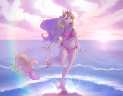 Size: 1920x1494 | Tagged: safe, artist:acry-artwork, derpibooru import, oc, oc only, anthro, classical unicorn, unguligrade anthro, unicorn, anthro oc, beach, belly button, bikini, breasts, clothes, cloven hooves, curved horn, fangs, female, horn, jewelry, leonine tail, looking at you, mare, necklace, open mouth, open smile, smiling, smiling at you, solo, standing on one leg, swimsuit, unshorn fetlocks