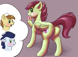 Size: 1966x1442 | Tagged: safe, artist:shaliwolf, derpibooru import, donut joe, soarin', oc, oc:quick coffee, pegasus, pony, unicorn, blushing, butt, commissioner:bigonionbean, cutie mark, dessert, dock, donut, eating, embarrassed, flank, food, fusion, fusion:quick coffee, hat, large butt, male, not an alicorn, plot, stallion, thought bubble, wonderbolts, writer:bigonionbean