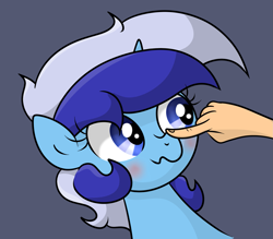 Size: 1681x1471 | Tagged: safe, artist:background basset, derpibooru import, minuette, pony, unicorn, blue eyes, blushing, boop, bust, disembodied hand, female, hand, horn, mare, offscreen character, simple background, solo