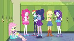 Size: 3410x1920 | Tagged: safe, derpibooru import, screencap, applejack, fluttershy, pinkie pie, rainbow dash, rarity, sci-twi, spike, spike the regular dog, twilight sparkle, dog, better together, equestria girls, forgotten friendship, applejack's hat, boots, clothes, converse, cowboy boots, cowboy hat, crossed arms, cutie mark, cutie mark on clothes, denim skirt, eyes closed, female, football, geode of sugar bombs, geode of super speed, geode of super strength, hairpin, hat, high heels, high res, hoodie, humane five, humane six, jewelry, lockers, magical geodes, necklace, rarity peplum dress, sandals, shoes, skirt, smiling, sneakers, sports, tanktop