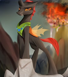 Size: 1750x2000 | Tagged: safe, artist:nixworld, derpibooru import, oc, oc:phasmatodea, changeling, fanfic:changing expectations, canterlot, changeling oc, fanfic, fanfic art, fanfic cover, fire, grin, orange changeling, peytral, smiling