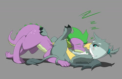 Size: 1280x825 | Tagged: safe, artist:techgear, derpibooru import, gabby, spike, dragon, griffon, adult, adult spike, blushing, cuddling, cute, feather, female, gabbybetes, lying down, male, older, older spike, on back, paws, shipping, sleeping, snoring, spabby, straight, tail, tail wrap, underpaw