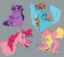 Size: 1917x1715 | Tagged: safe, artist:banjo_bugs, derpibooru import, fluttershy, pinkie pie, rainbow dash, twilight sparkle, unicorn twilight, butterfly, earth pony, pegasus, pony, unicorn, butterfly on nose, gray background, hoers, insect on nose, simple background