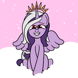 Size: 2000x2000 | Tagged: safe, artist:dafiltafish, derpibooru import, oc, oc:hedone, alicorn, pony, alicorn oc, blushing, cloud, crown, grin, high res, horn, jewelry, looking at you, red eyes, regalia, sitting, smiling, smiling at you, solo, wings