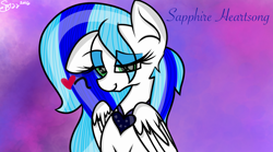 Size: 1440x803 | Tagged: safe, artist:skypaw122, derpibooru import, oc, oc only, pegasus, pony, abstract background, bedroom eyes, bust, eyelashes, female, mare, pegasus oc, signature, smiling, solo