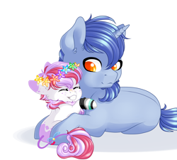 Size: 2834x2551 | Tagged: safe, artist:schokocream, derpibooru import, oc, oc only, oc:aeon of dreams, pony, unicorn, cute, duo, eyes closed, female, filly, grin, horn, hug, lying down, male, prone, simple background, smiling, stallion, unicorn oc, white background