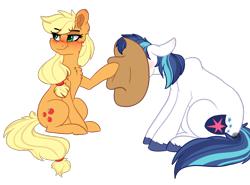 Size: 986x730 | Tagged: safe, artist:mieuzii, derpibooru import, applejack, shining armor, earth pony, pony, unicorn, blushing, chest fluff, ear fluff, ears, female, hat, hoof hold, male, mare, raised hoof, raised leg, shiningjack, shipping, simple background, stallion, straight, transparent background, unshorn fetlocks