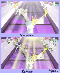 Size: 1092x1330 | Tagged: safe, artist:diamond06mlp, derpibooru import, edit, edited screencap, screencap, discord, angel, draconequus, the summer sun setback, clothes, cloud, flower, halo, harp, indoors, male, musical instrument, robes, scene interpretation, screencap reference, solo, stars, window