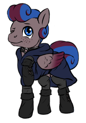 Size: 350x500 | Tagged: safe, artist:multiverseequine, derpibooru exclusive, derpibooru import, oc, oc only, oc:clouded sight, pegasus, pony, :t, blue eyes, choker, clothes, colored, daybreak island, folded wings, freckles, hood, hoof boots, leggings, male, one eye closed, pegasus oc, raised hoof, raised leg, robe, simple background, smiling, solo, stallion, swirly mane, tail, transparent background, two toned mane, two toned wings, wings, wink