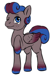 Size: 350x500 | Tagged: safe, alternate version, artist:multiverseequine, derpibooru exclusive, derpibooru import, oc, oc only, oc:clouded sight, pegasus, pony, :t, blue eyes, colored, colored hooves, daybreak island, folded wings, freckles, male, one eye closed, pegasus oc, raised hoof, raised leg, simple background, smiling, solo, stallion, swirly mane, tail, transparent background, two toned mane, two toned wings, wings, wink
