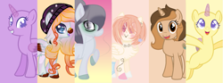 Size: 2031x752 | Tagged: safe, artist:aonairfaol, derpibooru import, oc, earth pony, pegasus, unicorn, collaboration, bald, base, base used, beanie, earth pony oc, female, hat, horn, mare, pegasus oc, smiling, unicorn oc