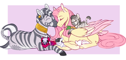 Size: 2100x1000 | Tagged: safe, artist:pinkcattle, derpibooru import, angel bunny, fluttershy, zecora, oc, oc:horizon, hybrid, pegasus, pony, rabbit, zebra, zony, adopted offspring, animal, cuddling, ear piercing, earring, eyes closed, family, female, jewelry, lesbian, lying down, magical lesbian spawn, mare, missing cutie mark, neck rings, nuzzling, offspring, parent:fluttershy, parent:zecora, parents:shycora, piercing, prone, quadrupedal, shipping, shycora