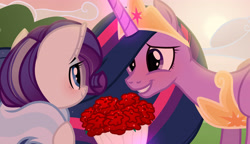 Size: 3783x2173 | Tagged: safe, artist:tsetsera, derpibooru import, princess twilight 2.0, rarity, twilight sparkle, twilight sparkle (alicorn), alicorn, pony, unicorn, the last problem, blushing, bouquet, eye contact, female, flower, glowing horn, horn, lesbian, looking at each other, mare, older, older rarity, older twilight, rarilight, rose, shipping, skunk stripe, smiling, smiling at each other