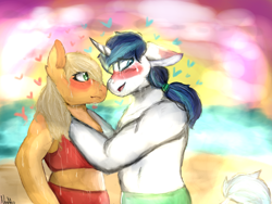 Size: 1400x1050 | Tagged: safe, artist:streetlightsatnight, derpibooru import, applejack, shining armor, anthro, earth pony, unicorn, beach, bikini, blushing, clothes, ears, female, floating heart, floppy ears, heart, infidelity, looking away, male, mare, shiningjack, shipping, stallion, story included, straight, sweat, swimming trunks, swimsuit