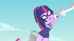 Size: 3410x1920 | Tagged: safe, derpibooru import, screencap, sci-twi, twilight sparkle, better together, equestria girls, forgotten friendship, animation error, bare shoulders, clothes, drone, eyes closed, female, geode of telekinesis, glasses, high res, jewelry, magical geodes, necklace, one-piece swimsuit, open mouth, ponytail, sleeveless, solo, swimsuit