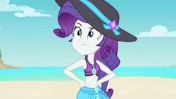 Size: 3410x1920 | Tagged: safe, derpibooru import, screencap, rarity, better together, equestria girls, forgotten friendship, beach, belly button, bikini, clothes, female, geode of shielding, hat, high res, jewelry, magical geodes, midriff, necklace, sleeveless, solo, solo focus, swimsuit