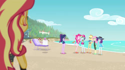 Size: 3410x1920 | Tagged: safe, derpibooru import, screencap, applejack, fluttershy, pinkie pie, rainbow dash, rarity, sci-twi, spike, spike the regular dog, sunset shimmer, twilight sparkle, dog, better together, equestria girls, forgotten friendship, applejack's hat, bare shoulders, beach, belly button, bikini, clothes, cowboy hat, eyes closed, female, geode of fauna, geode of shielding, geode of sugar bombs, geode of super speed, geode of super strength, glasses, grin, hairpin, hand on hip, hat, high res, humane five, humane seven, humane six, jewelry, lounge chair, magical geodes, male, midriff, necklace, ponytail, sandals, sleeping, sleeveless, smiling, swimsuit