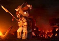 Size: 4000x2776 | Tagged: safe, artist:dipfanken, derpibooru import, oc, oc only, oc:procellus, pony, unicorn, armor, fire, solo, spear, weapon