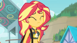 Size: 3410x1920 | Tagged: safe, derpibooru import, screencap, sunset shimmer, equestria girls, equestria girls series, forgotten friendship, bare shoulders, beach, belly button, bikini, clothes, cutie mark, cutie mark on clothes, eyes closed, female, geode of empathy, high res, jewelry, magical geodes, midriff, necklace, purse, sarong, sleeveless, solo, swimsuit