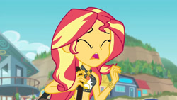 Size: 3410x1920 | Tagged: safe, derpibooru import, screencap, sunset shimmer, better together, equestria girls, forgotten friendship, bare shoulders, beach, belly button, bikini, clothes, cutie mark, cutie mark on clothes, eyes closed, female, geode of empathy, high res, jewelry, magical geodes, midriff, necklace, open mouth, purse, sarong, sleeveless, solo, swimsuit