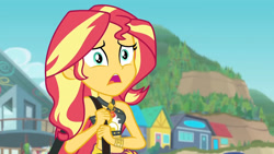 Size: 3410x1920 | Tagged: safe, derpibooru import, screencap, sunset shimmer, better together, equestria girls, forgotten friendship, bare shoulders, beach, belly button, bikini, clothes, cutie mark, cutie mark on clothes, female, geode of empathy, high res, jewelry, magical geodes, midriff, necklace, open mouth, purse, sarong, sleeveless, solo, swimsuit