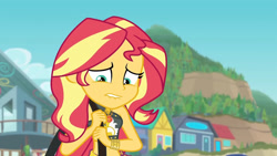 Size: 3410x1920 | Tagged: safe, derpibooru import, screencap, sunset shimmer, better together, equestria girls, forgotten friendship, bare shoulders, beach, belly button, bikini, clothes, cutie mark, cutie mark on clothes, female, geode of empathy, high res, jewelry, lip bite, magical geodes, midriff, necklace, purse, sarong, sleeveless, solo, swimsuit