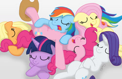 Size: 1280x831 | Tagged: safe, artist:pony-thunder, derpibooru import, applejack, fluttershy, pinkie pie, rainbow dash, rarity, twilight sparkle, earth pony, pegasus, pony, unicorn, applejack's hat, chest fluff, clothes, cowboy hat, cuddle puddle, cuddling, cute, dashabetes, diapinkes, eyes closed, group, hat, jackabetes, mane six, open mouth, pile, pony pile, raribetes, shyabetes, simple background, sleeping, smiling, snoring, tongue, tongue out, twiabetes, white background