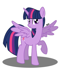 Size: 2273x2750 | Tagged: safe, artist:banquo0, derpibooru import, twilight sparkle, twilight sparkle (alicorn), alicorn, pony, female, high res, horn, mare, raised hoof, raised leg, shadow, simple background, smiling, solo, spread wings, transparent background, wings