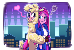 Size: 1800x1200 | Tagged: safe, artist:redahfuhrerking, derpibooru import, paprika paca, pinkie pie, alpaca, them's fightin' herds, equestria girls, hug, pinkamena diane pie