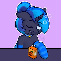 Size: 700x700 | Tagged: safe, artist:naivzombie, derpibooru import, oc, oc:♪, changeling, blue changeling, blue mane, clothes, collar, drunk, juice, one eye closed, orange juice, simple background, sleepy, socks, solo, striped socks